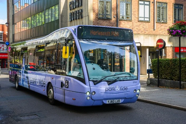 Purple Shrewsbury Park And Ride Bus Travelling Through The Town Centre